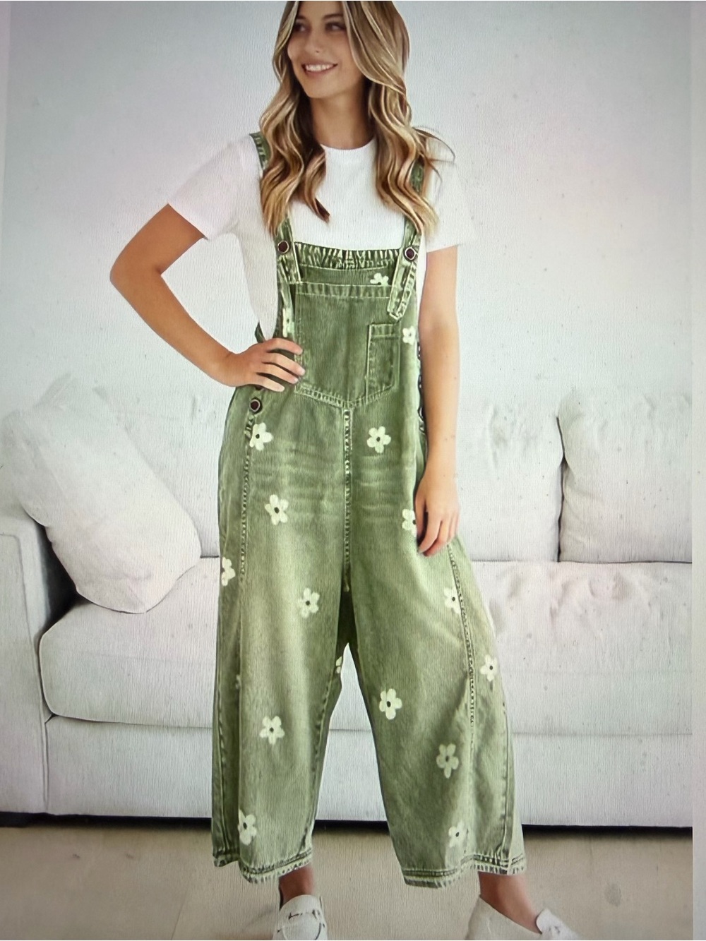 Relaxed Olive Green Floral Denim Barrel Cropped Overalls - NWT - Size L